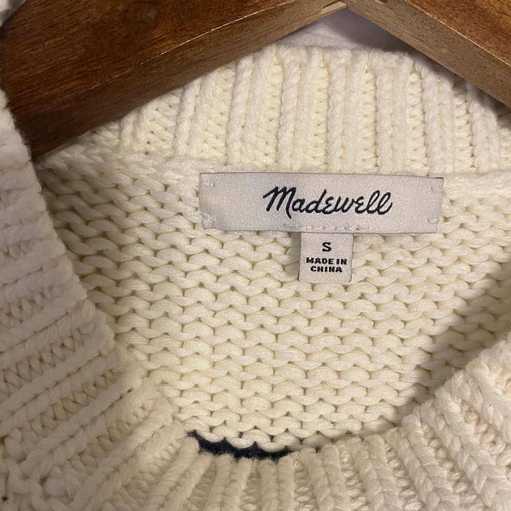 Madewell Sweater Womens Small Cream Black Striped Cotton Knit Crewneck Preppy - Picture 3 of 4